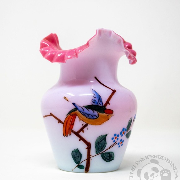 Bohemian Harrach Hand Enameled Bird & Flowers White Cased Pink Ruffled Vase - Picture 1 of 4